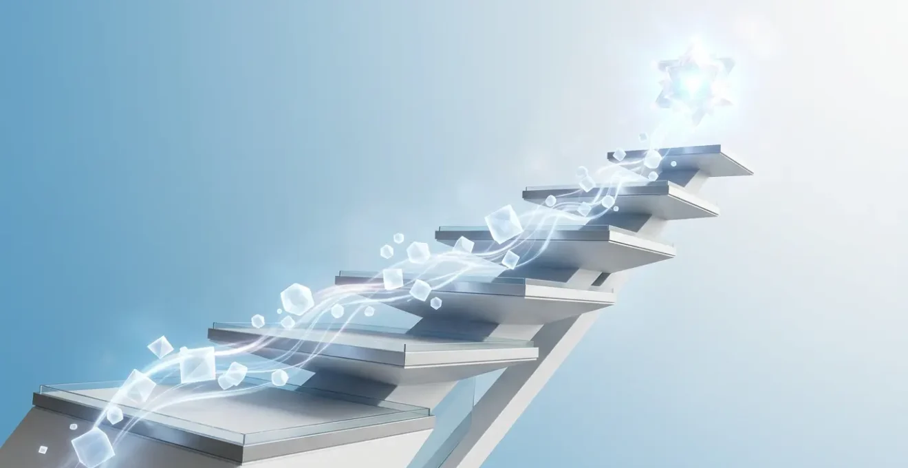 Vue conceptuelle de la hiérarchie des balises Hn représentée par des niveaux architecturaux étagés avec des flux de données lumineux