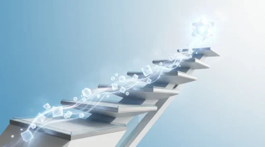 Vue conceptuelle de la hiérarchie des balises Hn représentée par des niveaux architecturaux étagés avec des flux de données lumineux