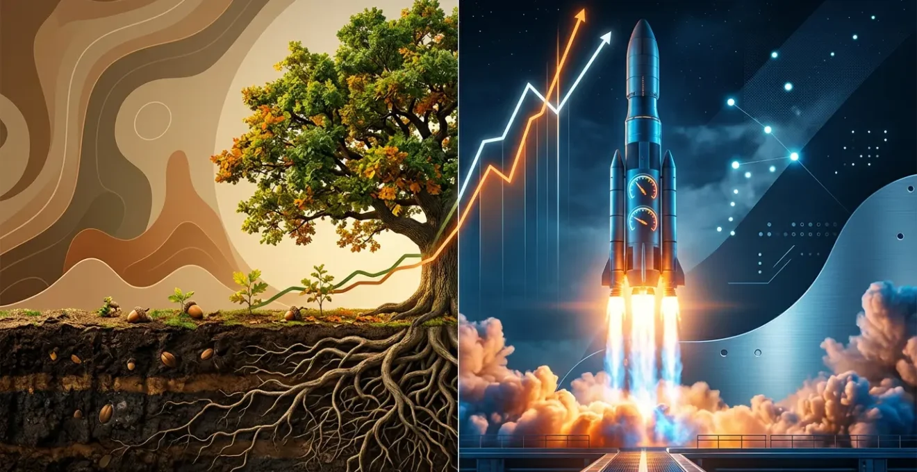 Comparaison visuelle du référencement naturel et payant avec graphiques de croissance et investissements marketing