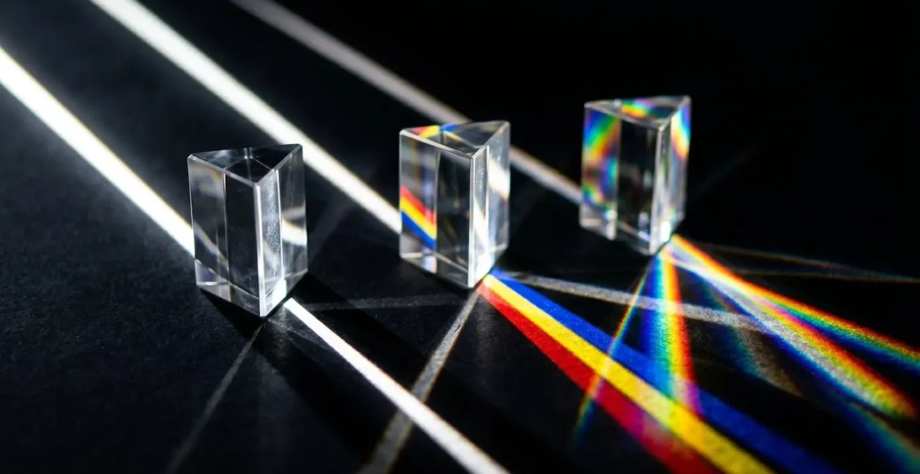 Visualisation métaphorique de l'analyse sémantique avec des prismes de verre décomposant la lumière