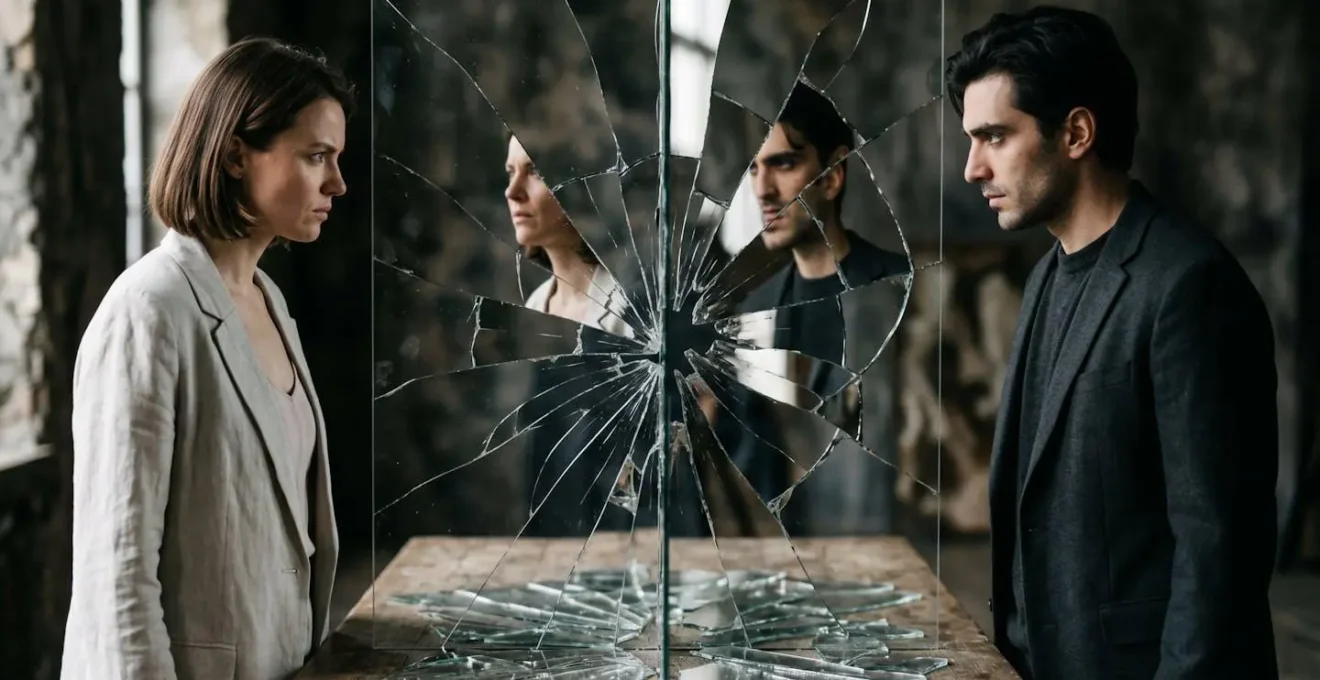 Deux silhouettes opposées se reflétant dans un miroir brisé symbolisant la dualité antagoniste-héros