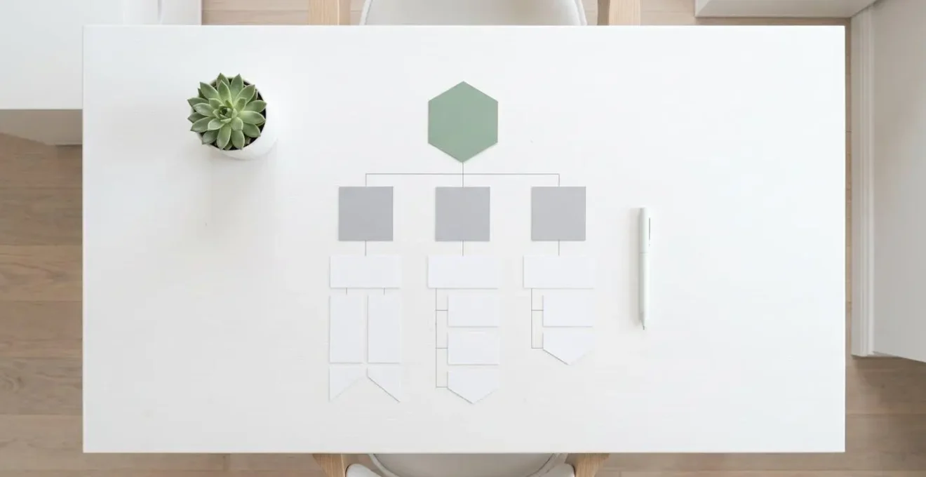 Vue aérienne minimaliste d'un espace de travail organisé montrant la structuration méthodique d'un plan d'article
