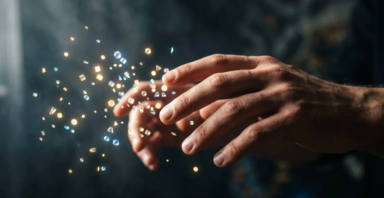 Mains virtuelles photoréalistes interagissant avec des objets lumineux dans un environnement VR abstrait