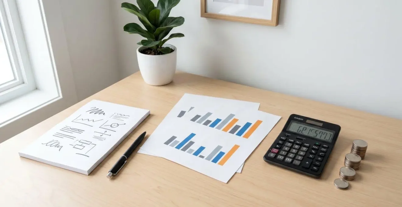 Bureau avec calculatrice, graphiques de revenus et pièces représentant les royalties d'auteur