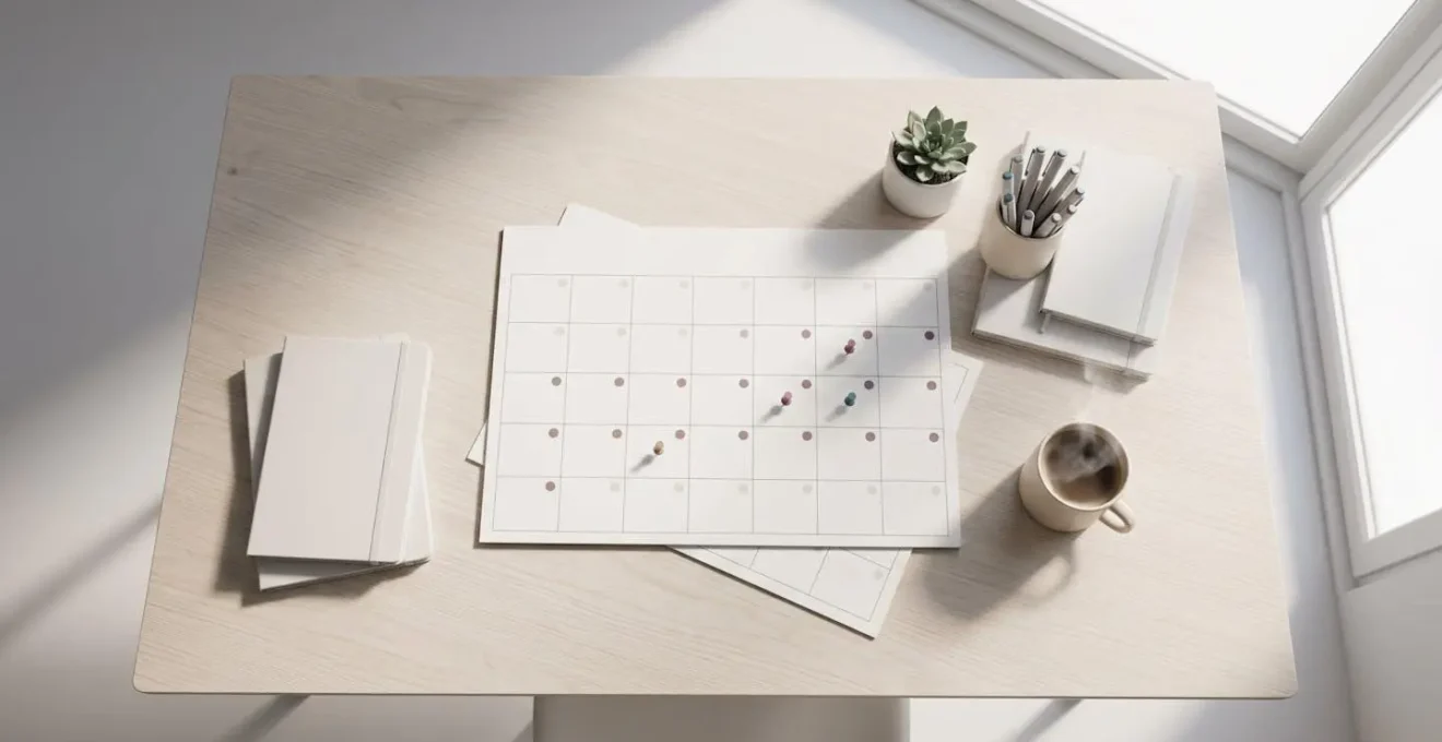 Vue aérienne d'un calendrier mural avec marqueurs colorés indiquant les sessions d'atelier d'écriture