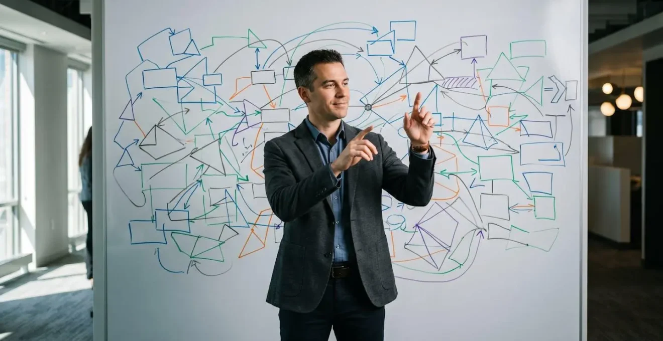 Candidat en entretien utilisant un tableau blanc pour connecter des concepts de différents domaines