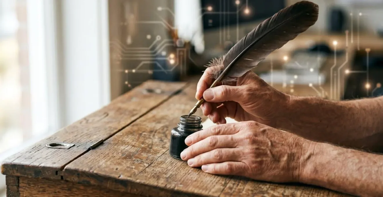 Mains humaines avec une plume et circuits électroniques en arrière-plan, symbolisant le contraste entre l'artisanat humain et l'automatisation.