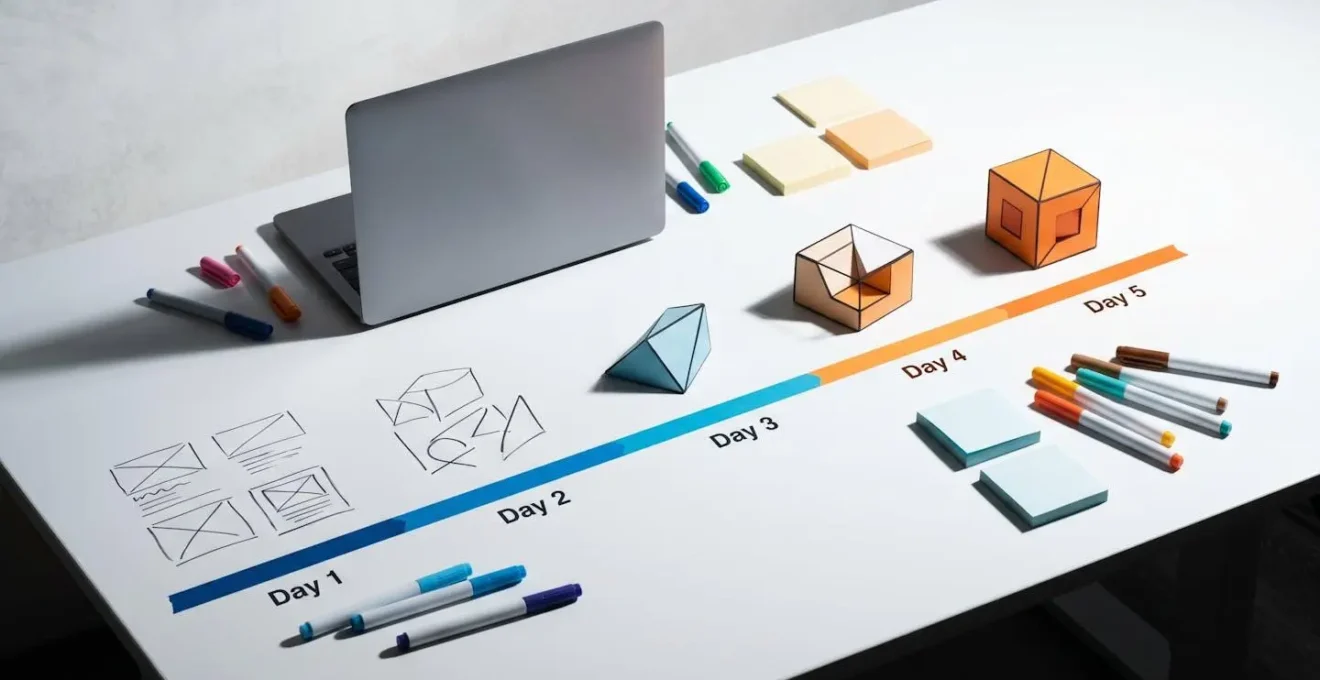 Plan de travail minimaliste avec chronologie de 5 jours, post-its colorés et ordinateur fermé montrant une approche structurée
