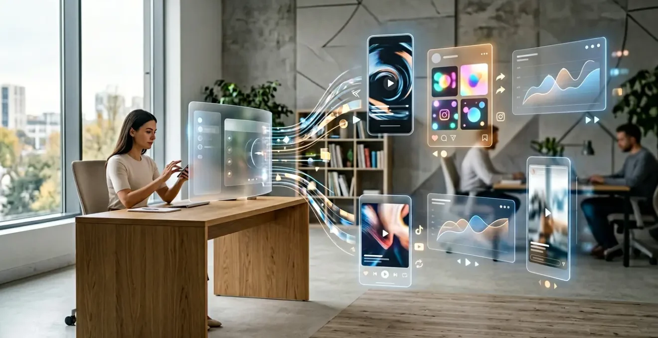 Tableau de bord numérique moderne montrant plusieurs canaux de diffusion de contenu interconnectés