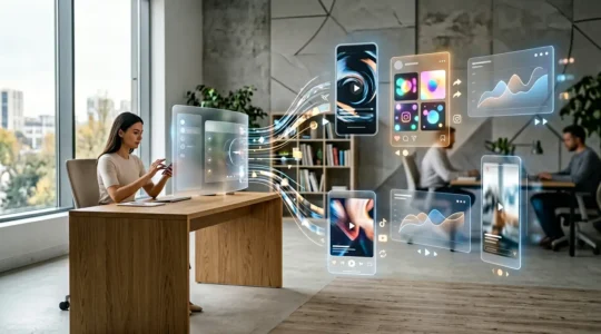 Tableau de bord numérique moderne montrant plusieurs canaux de diffusion de contenu interconnectés