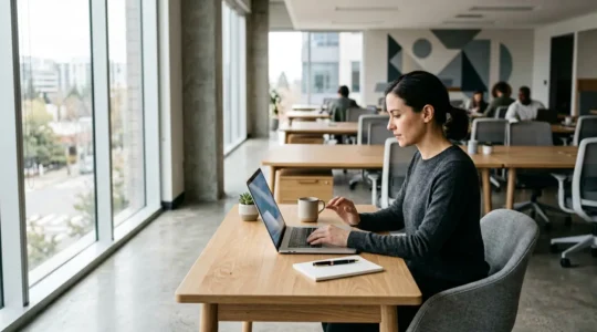 Environnement de travail professionnel moderne avec détails subtils sur la qualité rédactionnelle