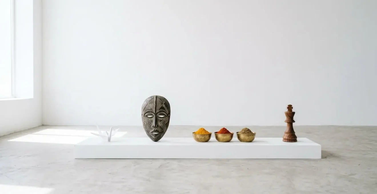 Composition minimaliste montrant des objets symboliques de différentes cultures en interaction harmonieuse