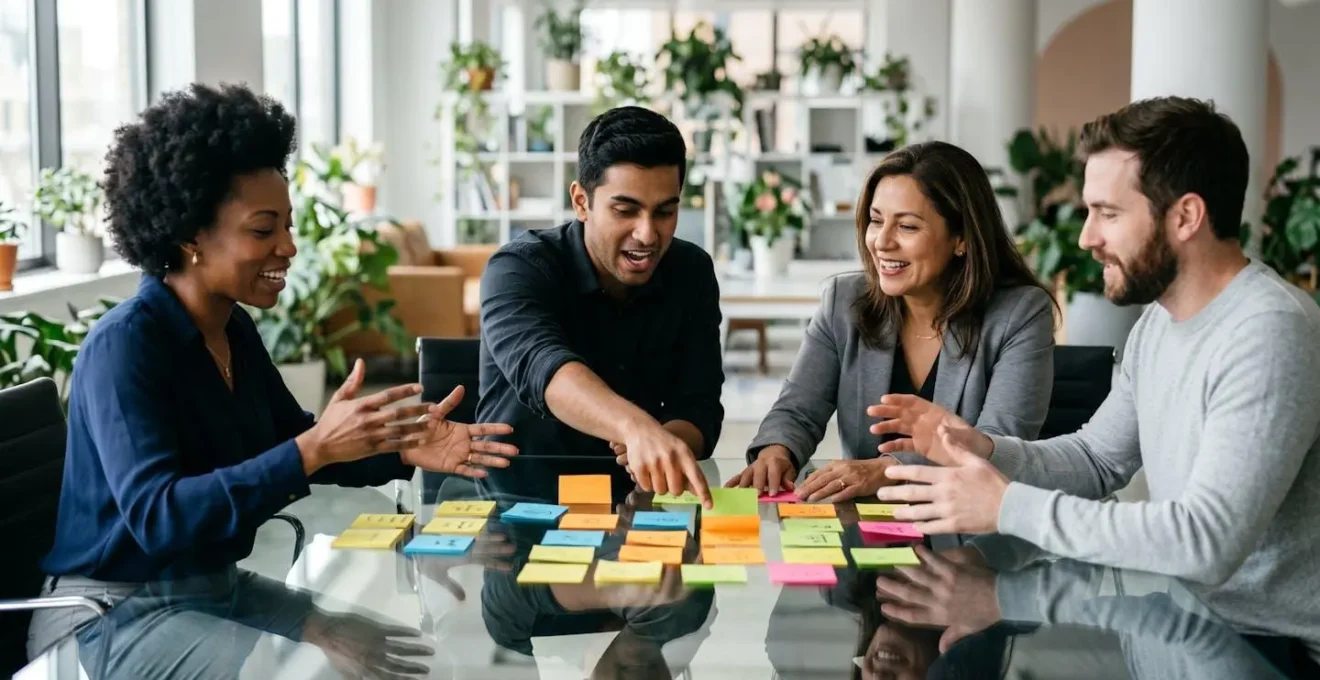 Espace de réunion moderne avec tableau blanc montrant des schémas conceptuels de collaboration stratégique