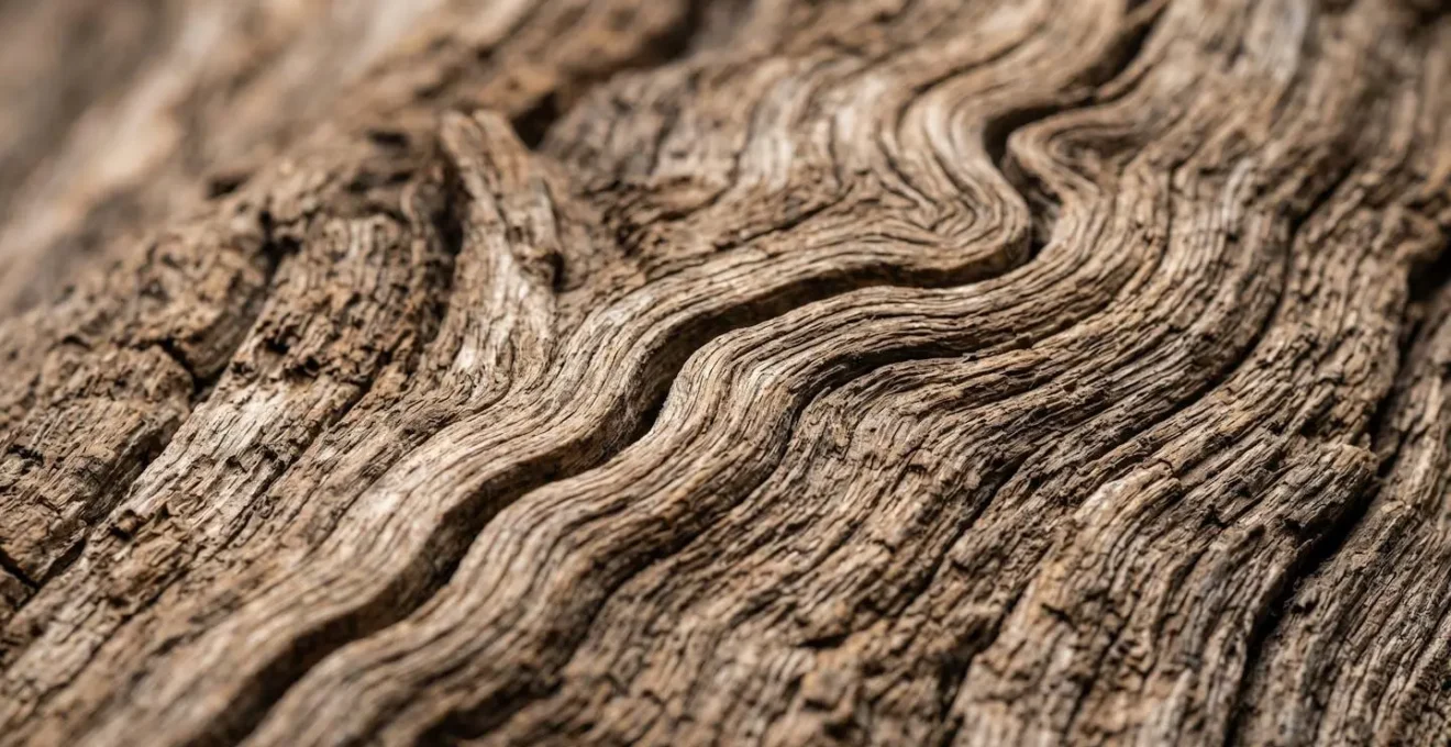 Métaphore visuelle d'un chemin qui semble se diviser mais converge subtilement dans les veines du bois