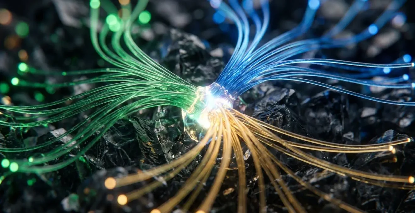 Vue macro d'une interface utilisateur abstraite montrant des chemins de navigation interconnectés en début de page