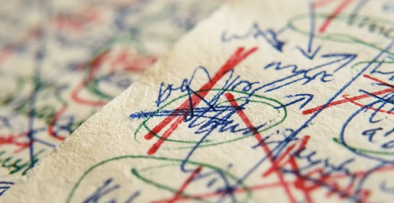 Détail macro d'un manuscrit avec annotations et corrections colorées