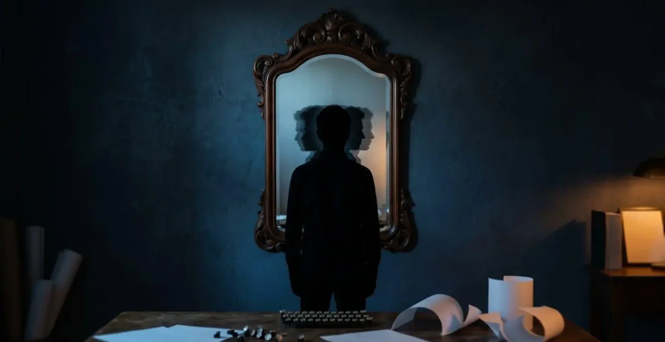 Un écrivain observant son reflet dans un miroir symbolisant l'importance de conserver son style personnel face à l'uniformisation de l'IA
