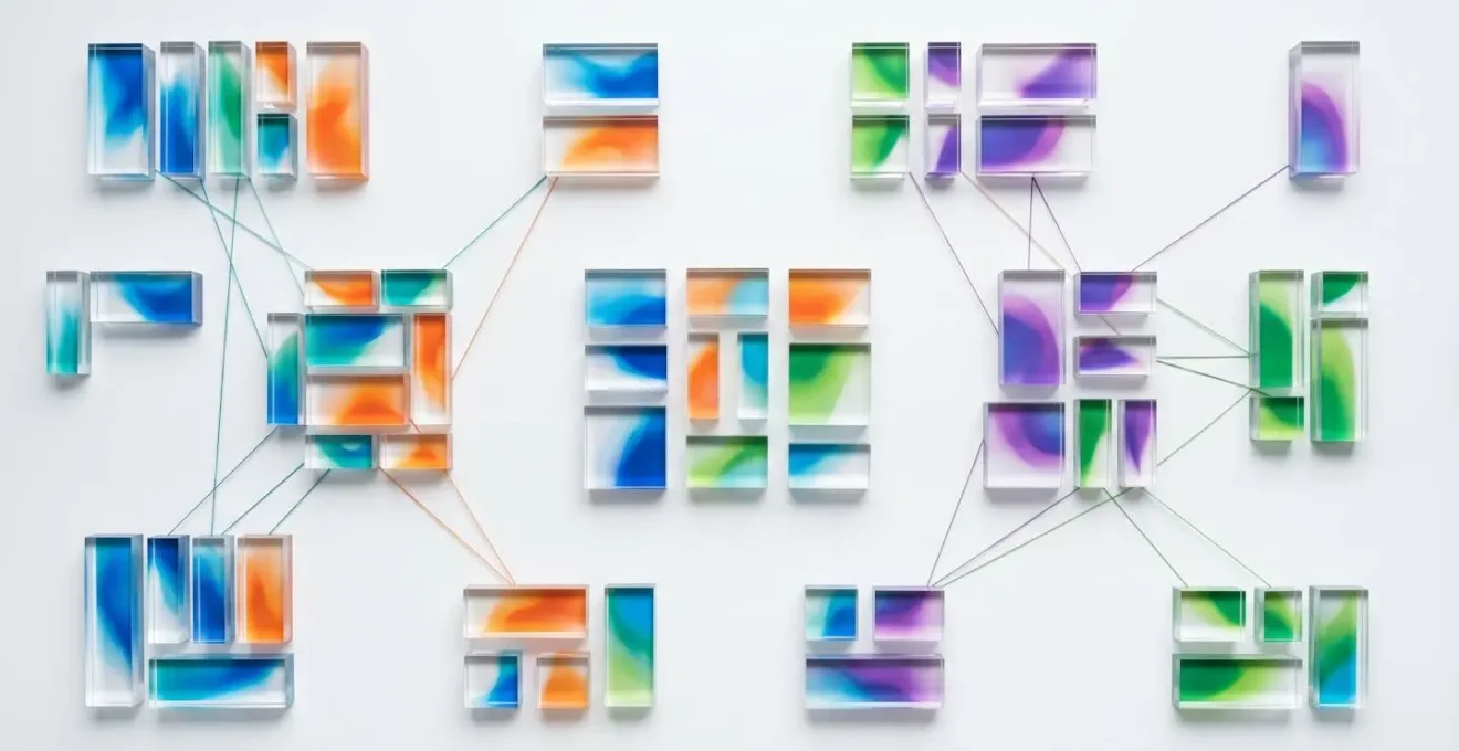 Représentation visuelle de modules de contenu interconnectés formant différentes configurations documentaires