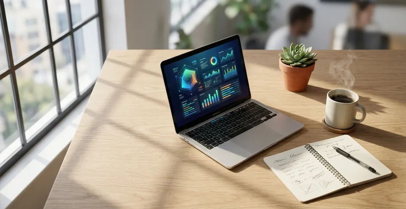 Espace de travail moderne avec ordinateur affichant des graphiques d'engagement et calendrier éditorial visible