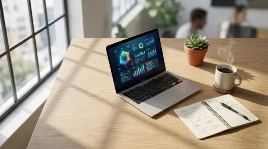 Espace de travail moderne avec ordinateur affichant des graphiques d'engagement et calendrier éditorial visible
