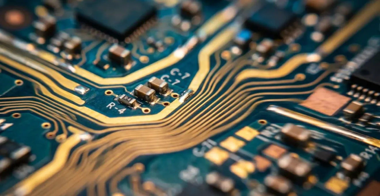 Vue macro de circuits électroniques et composants symbolisant la vitesse et l'optimisation technique