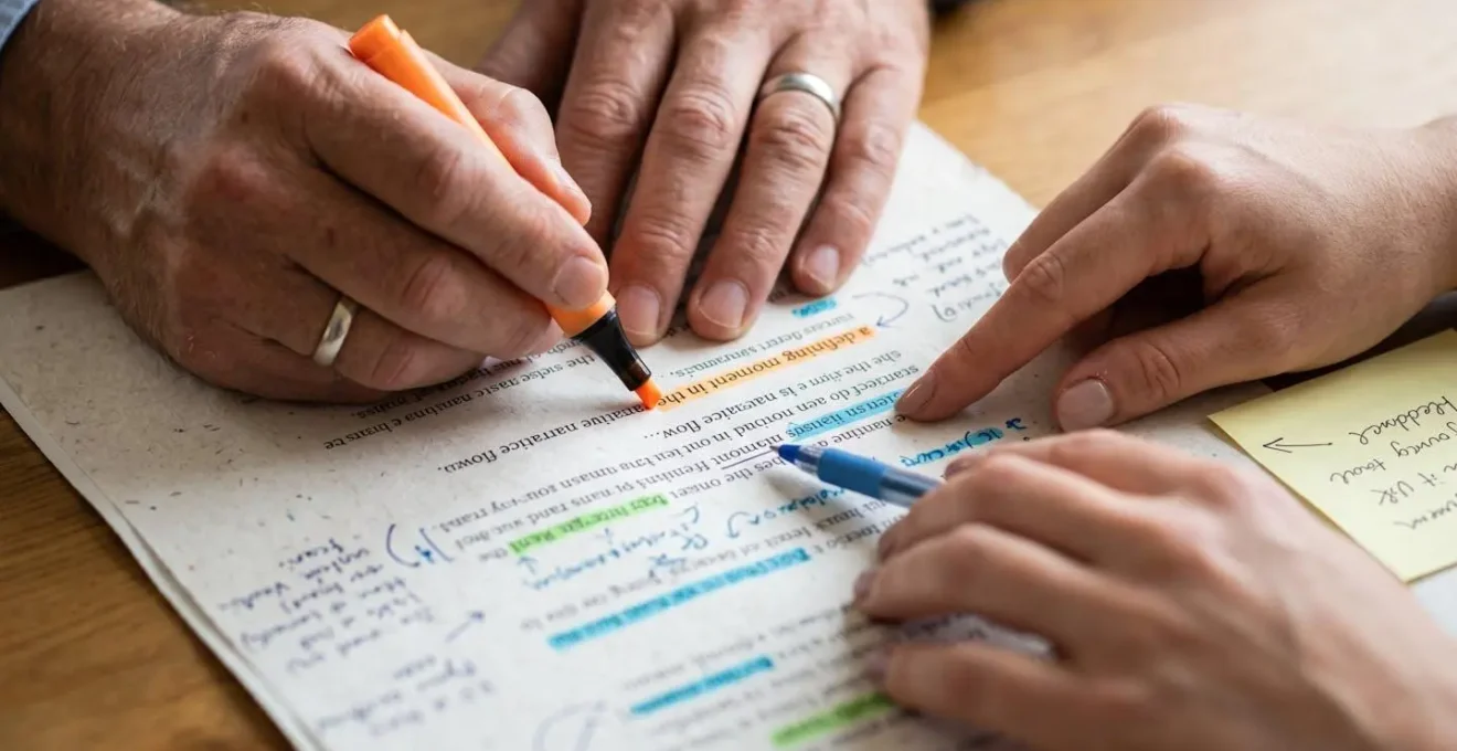 Deux écrivains analysent ensemble un manuscrit avec annotations colorées sur une table de travail