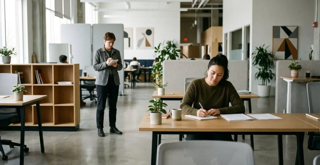 Professionnel observant discrètement une personne dans son environnement de travail quotidien