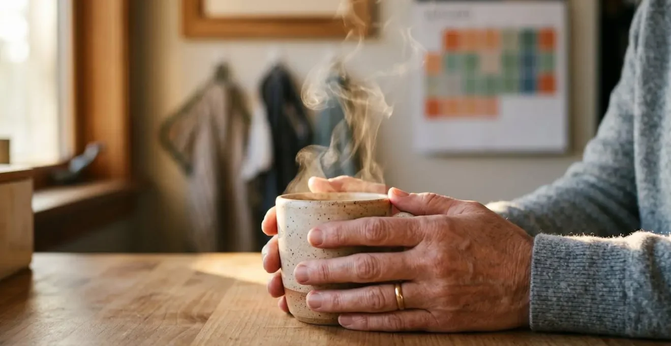 Main tenant une tasse de café avec un calendrier flou en arrière-plan, symbolisant le rituel du lecteur avec sa newsletter.