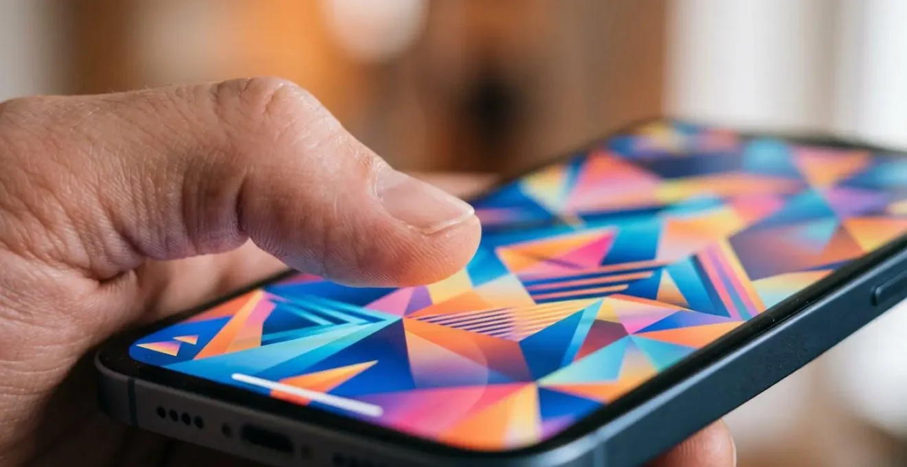 Main tenant un smartphone montrant des formes géométriques colorées représentant du contenu viral