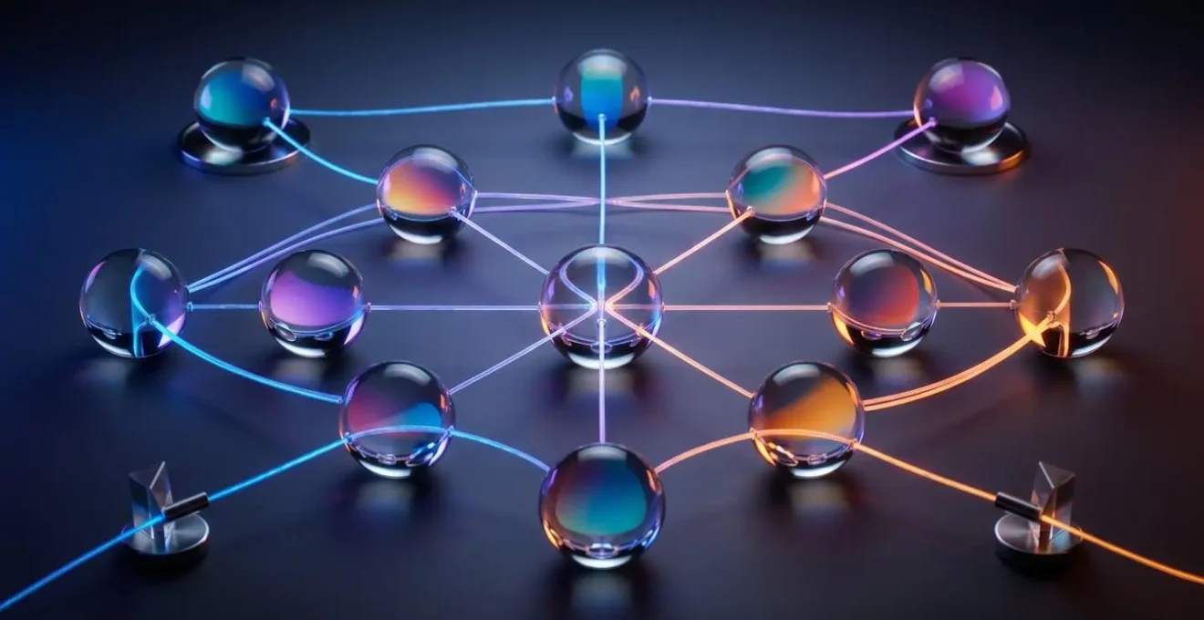 Métaphore visuelle d'un réseau de connexions lumineuses entre différentes plateformes digitales