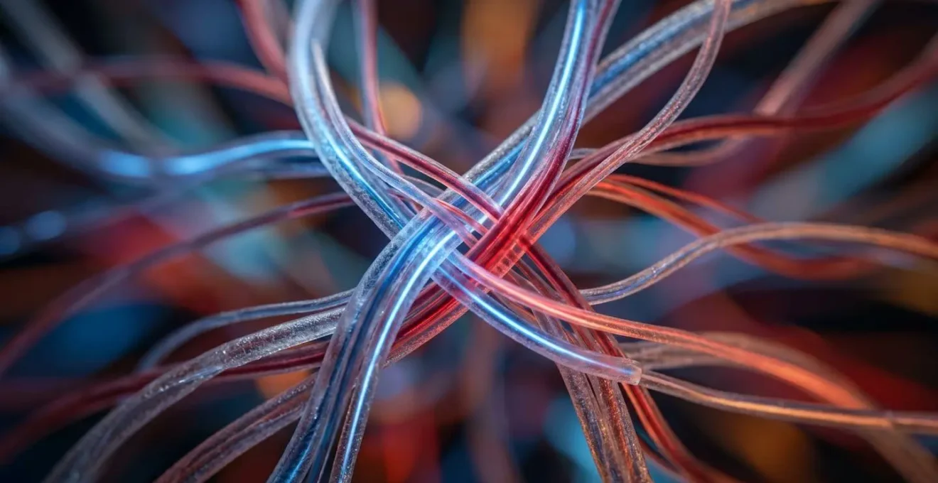 Vue macro détaillée d'une structure en réseau représentant les connexions entre variantes linguistiques