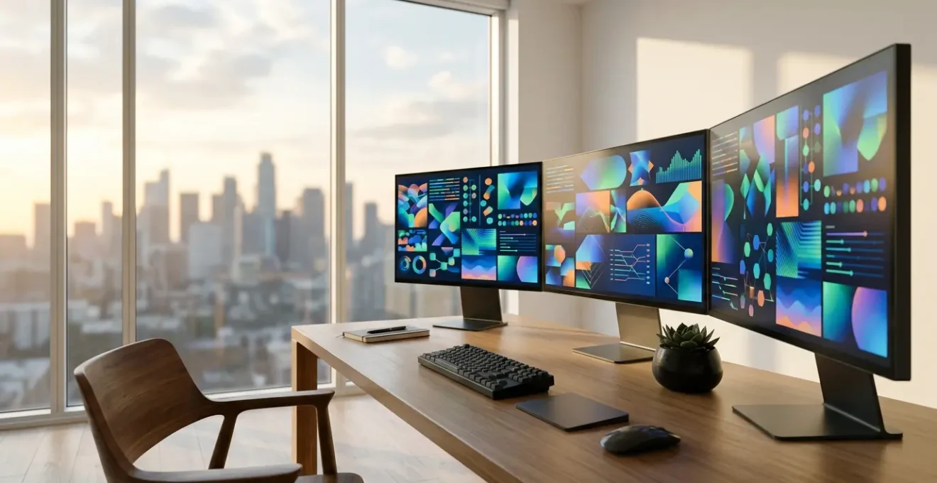 Vue d'un espace de travail moderne avec plusieurs écrans affichant des graphiques et métriques de performance d'équipe