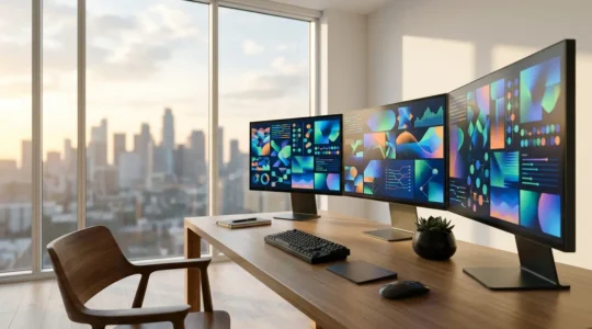 Vue d'un espace de travail moderne avec plusieurs écrans affichant des graphiques et métriques de performance d'équipe