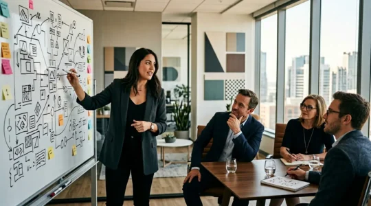 Réunion stratégique entre entrepreneurs et investisseurs autour d'une présentation de brand voice dans un bureau moderne