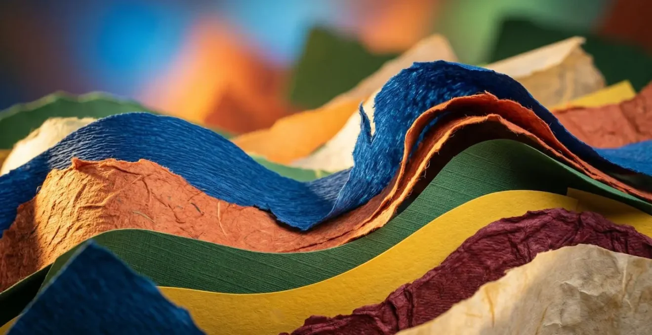 Vue macro d'une vague de papiers colorés se déployant en cascade