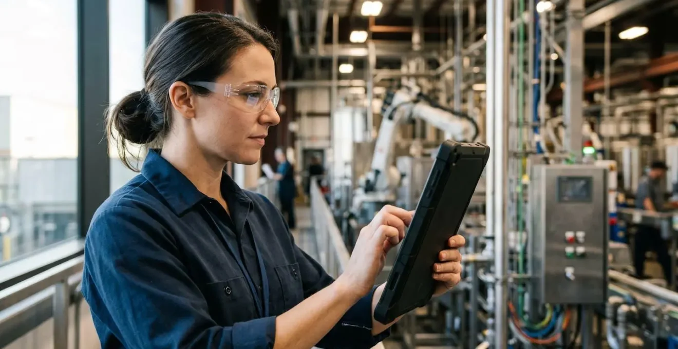 Ingénieur validant rapidement un terme technique sur tablette dans un environnement industriel