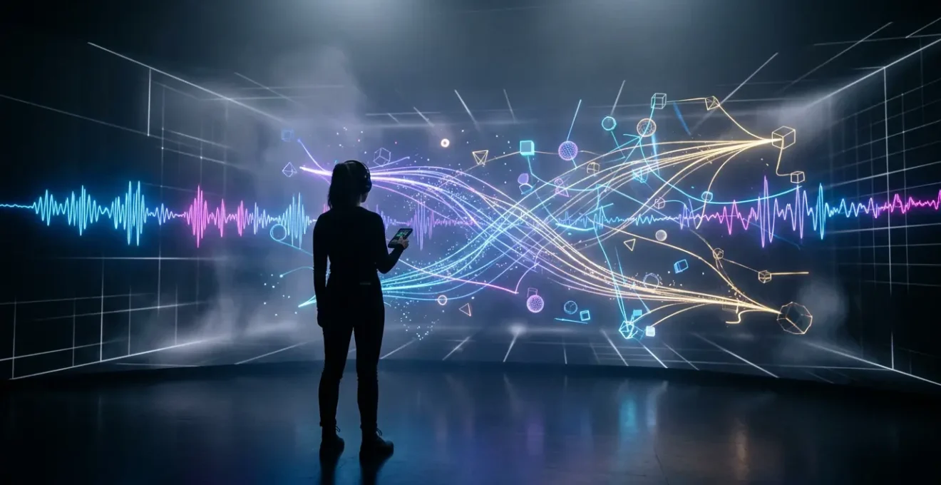 Créateur de contenu VR manipulant des éléments visuels dans un environnement virtuel lumineux