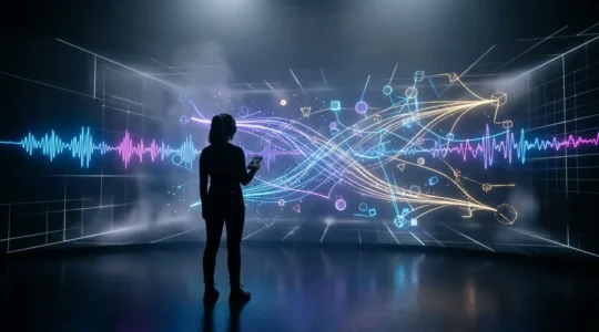 Créateur de contenu VR manipulant des éléments visuels dans un environnement virtuel lumineux