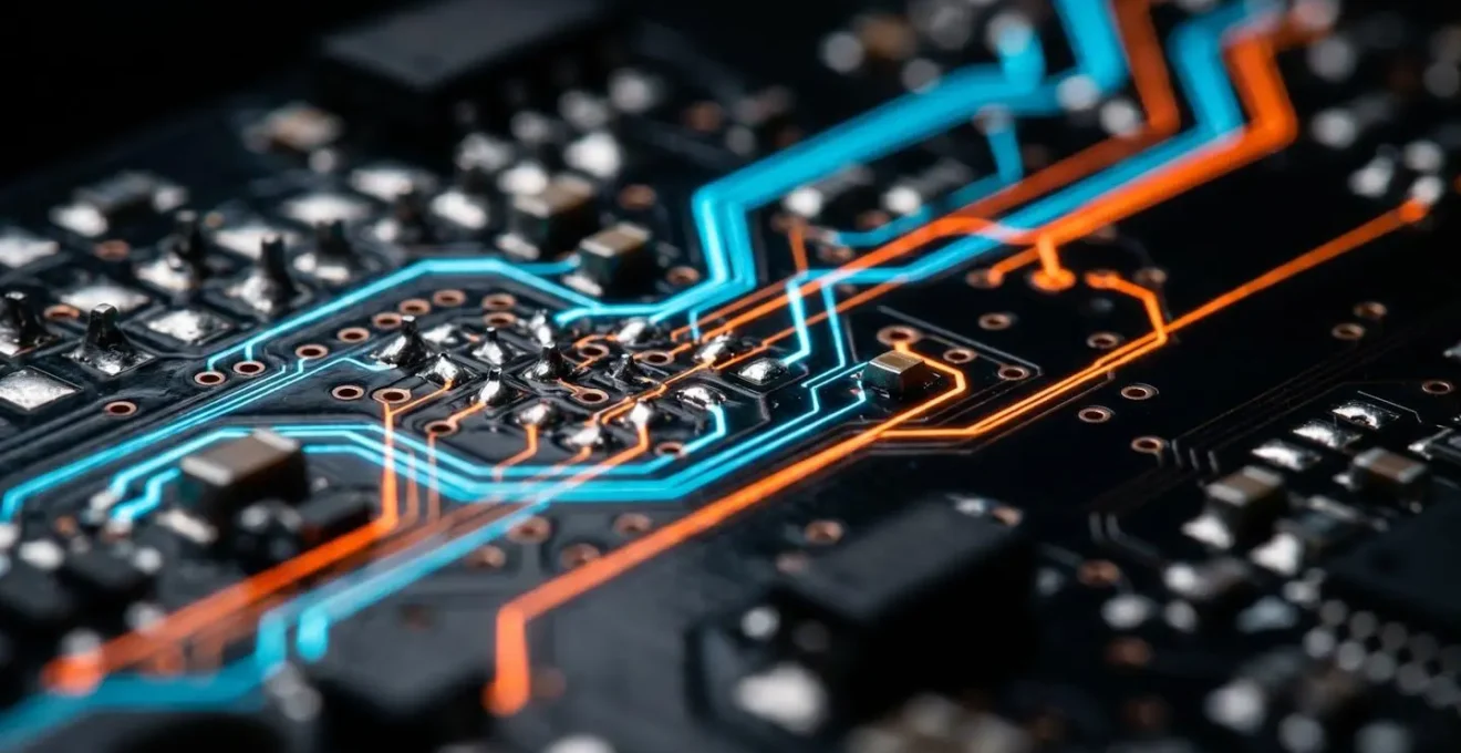 Vue macro d'un circuit imprimé avec des connexions lumineuses représentant symboliquement un flux de travail automatisé