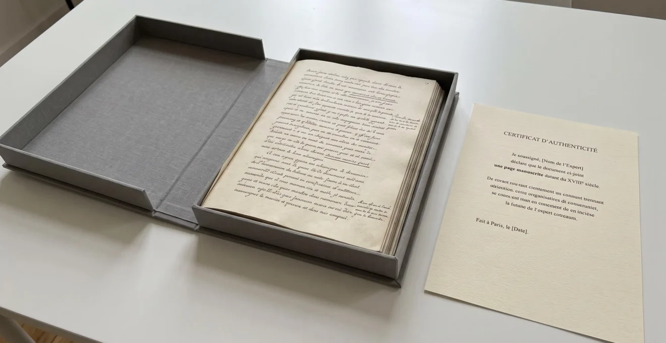 Coffret éditorial gris ouvert contenant un fascicule de fac-similés de manuscrits, avec certificat d'authenticité français visible à côté, posé sur surface blanche neutre.