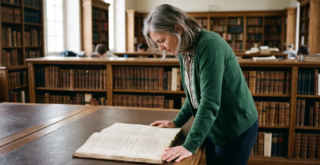 Personne debout penchée au-dessus d'une table de consultation, examinant un carnet manuscrit ouvert, dans une salle de lecture de bibliothèque patrimoniale avec rayonnages anciens en arrière-plan.